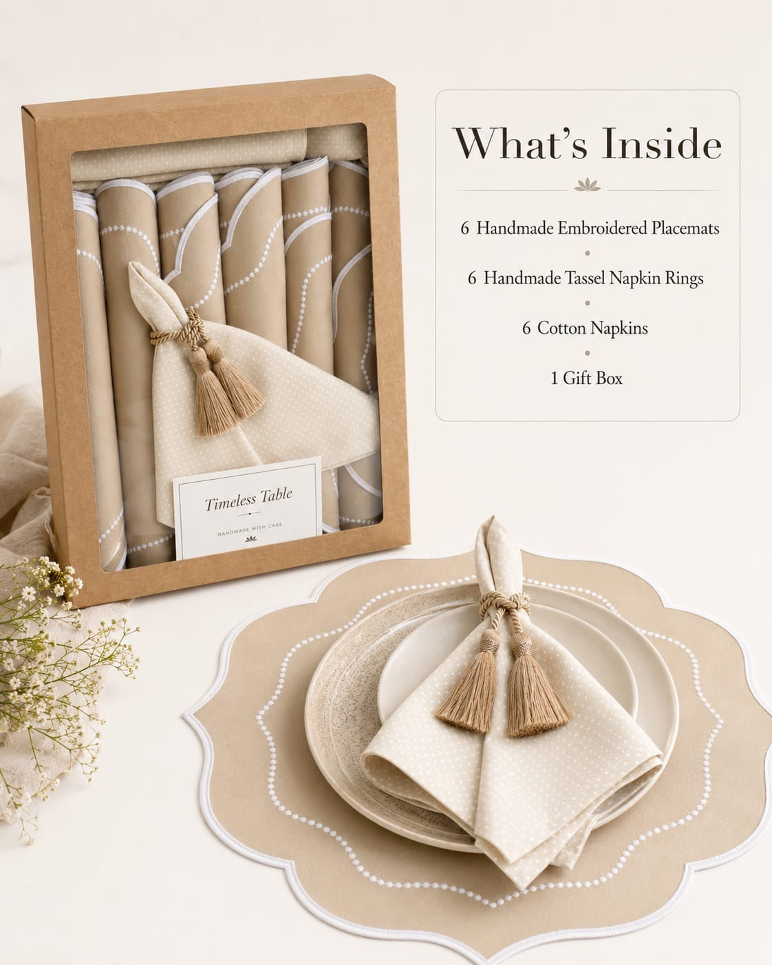 Luxury Table Set for 6 – Beige Placemats, Napkins & Handmade Napkin Rings | Gift Box | ArtByCrosa
