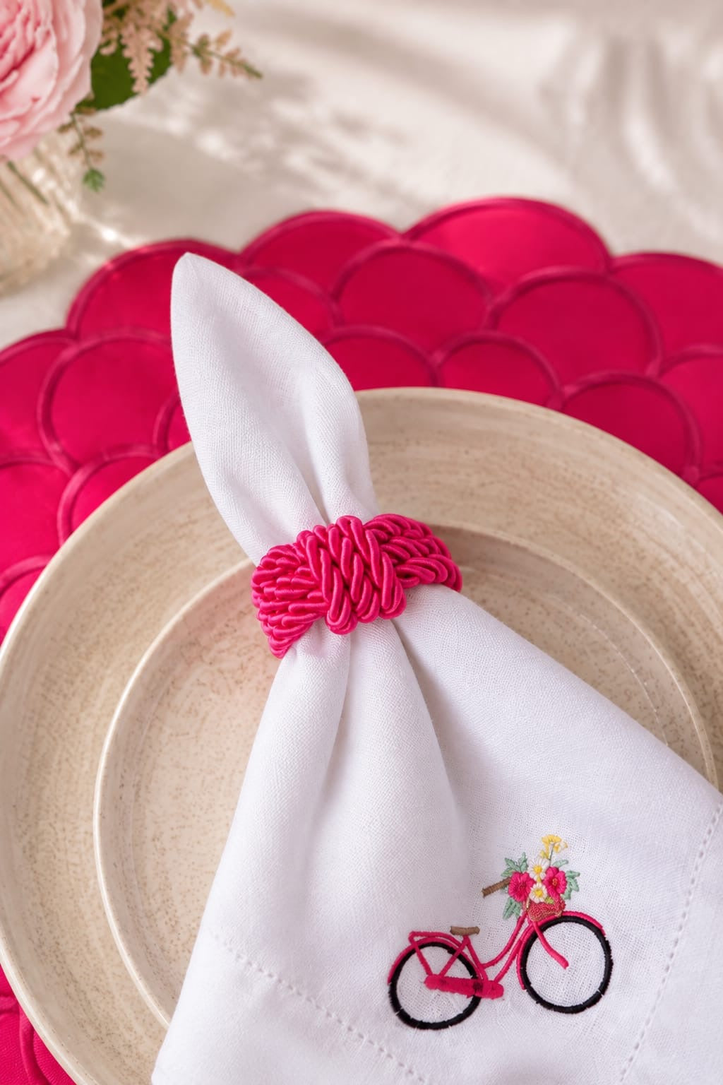 Pink Embroidered Table Setting Set for 6 – Bicycle Napkins, Placemats & Napkin Rings