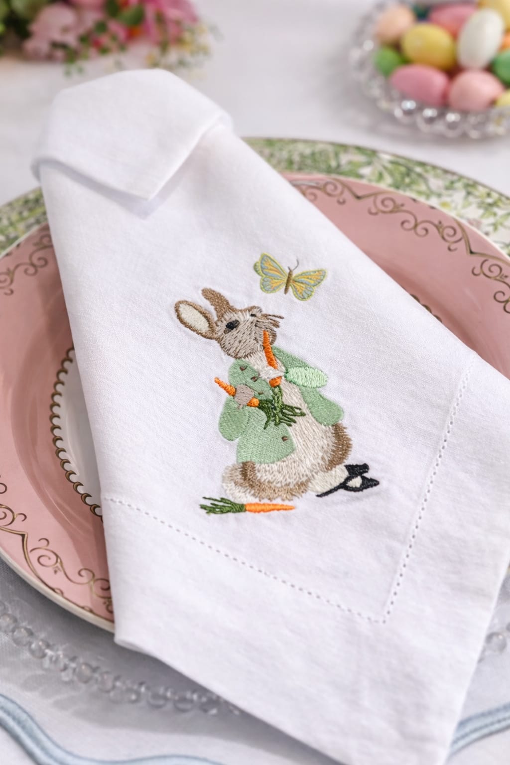 Easter Bunny Embroidered Napkin – Cotton & Linen Blend (45×45cm) | Spring Table Decor