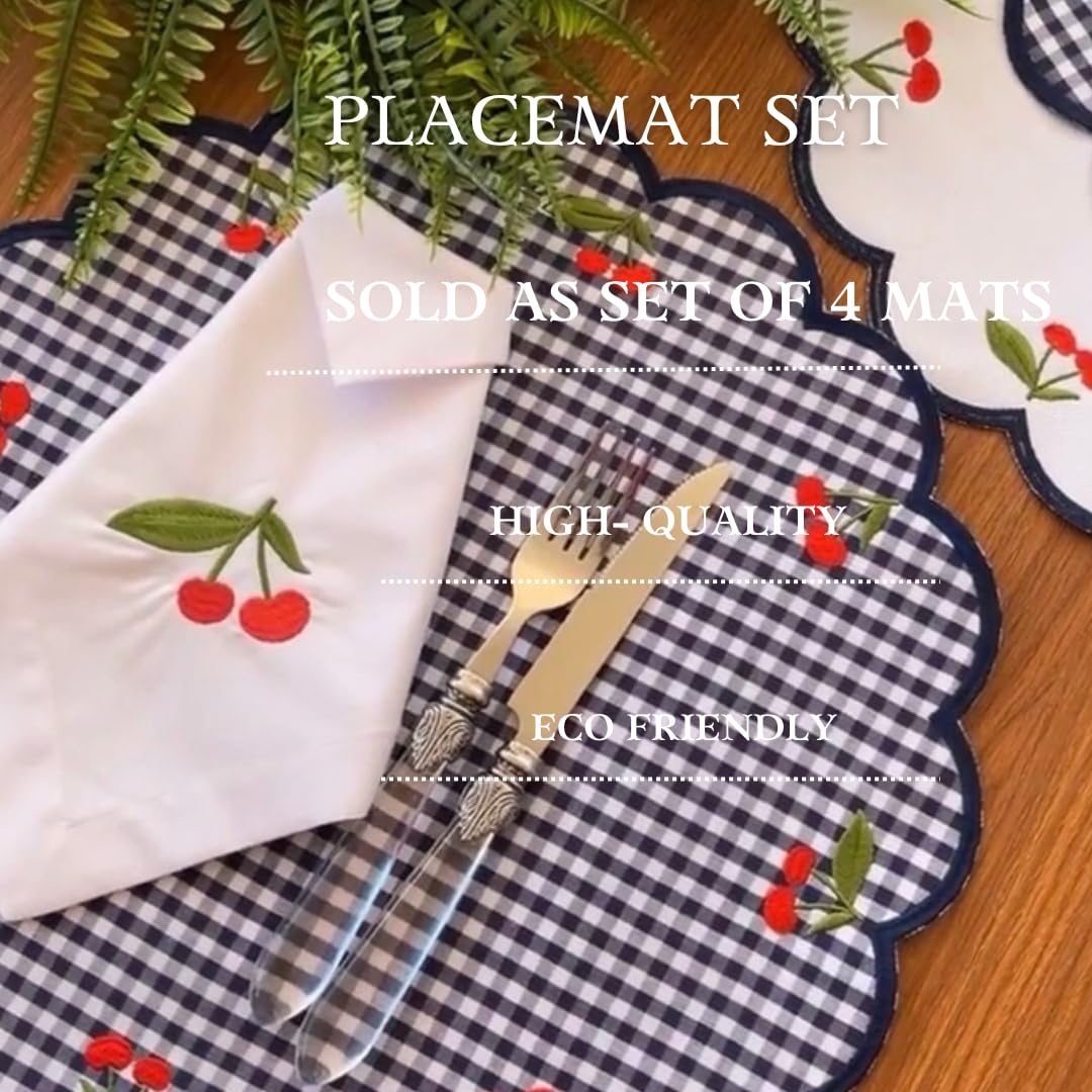 Placemats set of 4 Cherry Table Decor Summer White Kitchen Gift for Hostess Dining Set Christmas Decor Cottage Style Placemat Bundle for Kitchen Red Cherry Set Gingham Place mat Reversible Table Decor