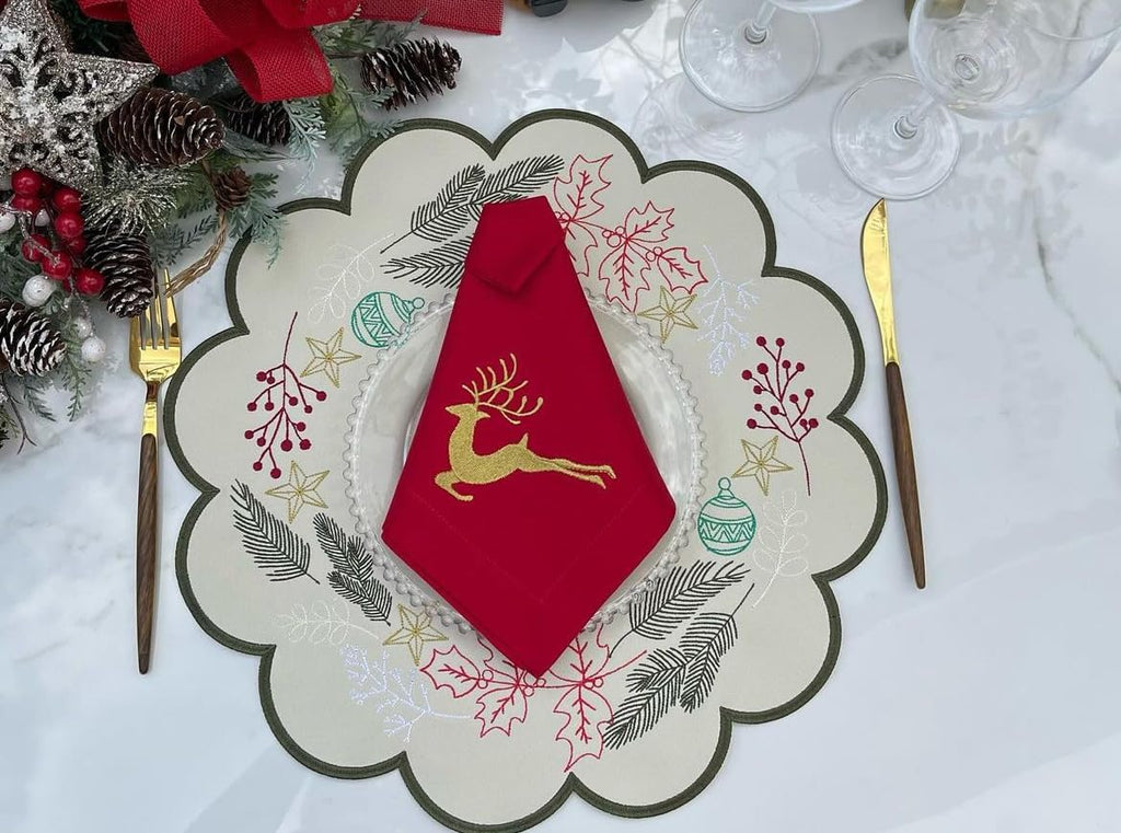 Christmas Placemat Set of 4 Embroidery Holiday Dining Table Decor Mat with Gold Border 39x35 round Design Elegant Christmas Theme Accent for Dining Room & Home gift