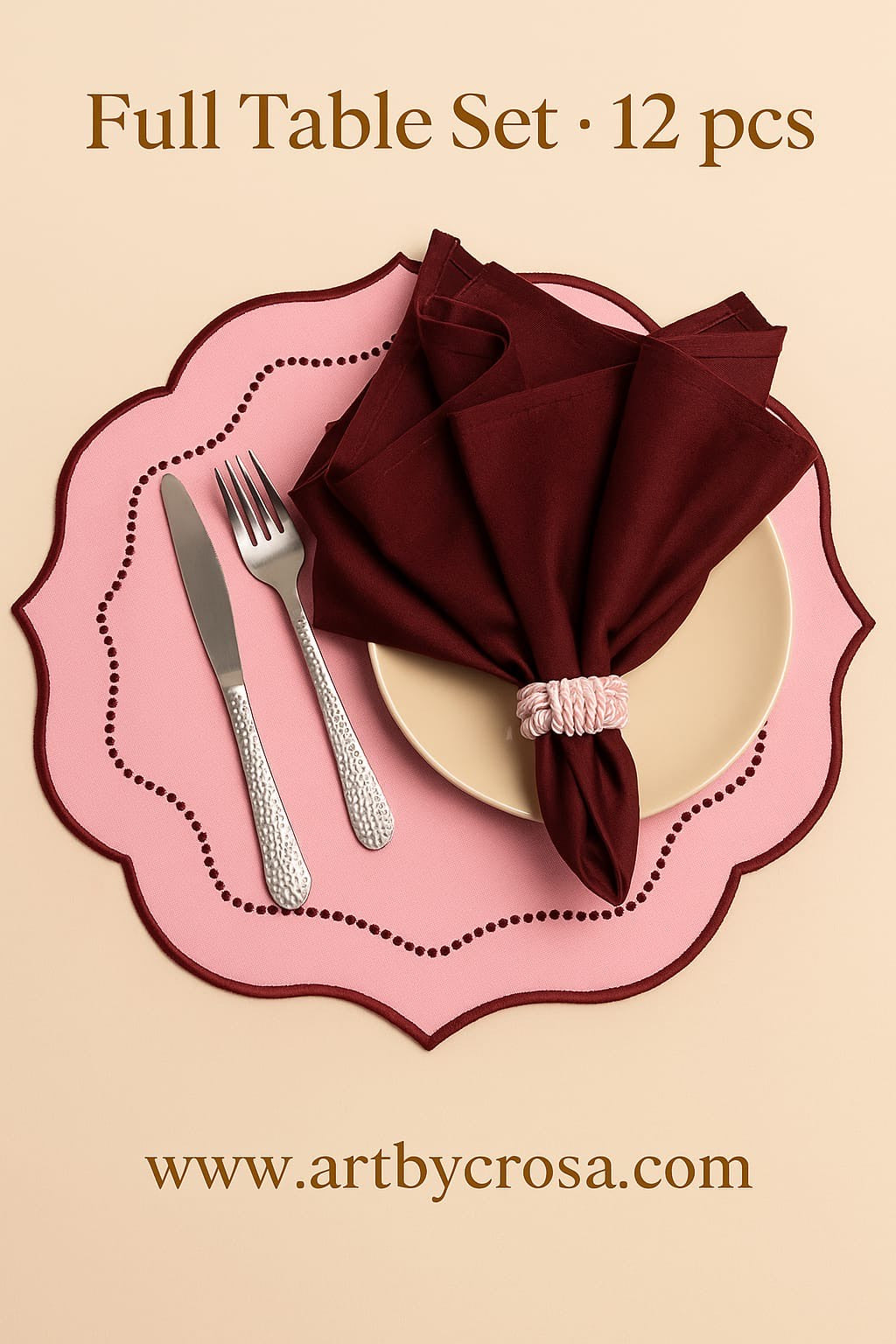 Pink Placemat Set Round Design Burgundy Napkin Collection Twisted Rope Rings Scalloped Edge Mats Waterproof Heat Resistant Material Cotton Polyester Blend Table Setting Accessory Kitchen Dining Protection Elegant Dinner Party Entertaining