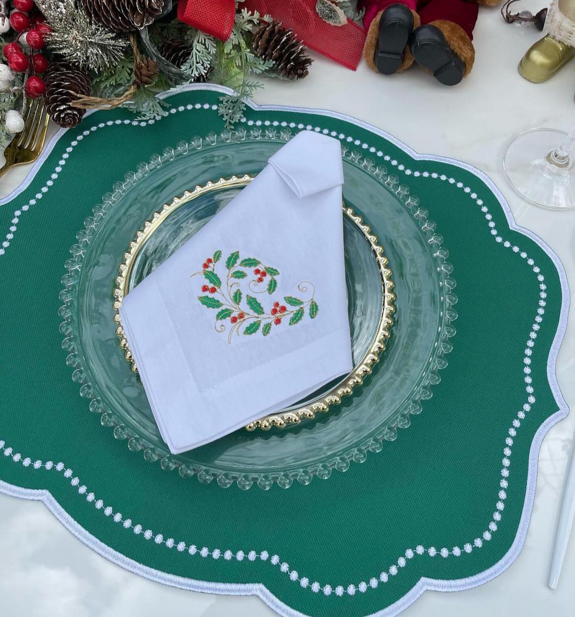 Scalloped Dining Placemat Christmas Dinner Table Decoration Holiday Setting Elegant Accessory Kitchen Table Rectangular Mat Dotted Trim Design Modern Decor Handmade Gift Hostess Present Set Of Four Polyester Material Festive Table