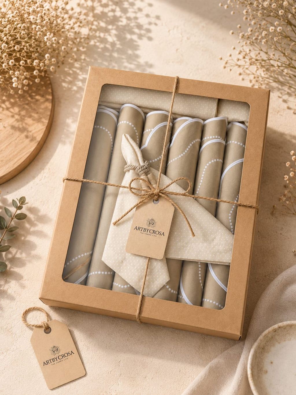 Luxury beige table set for 6 with handmade placemats, matching napkins, rope napkin rings and premium gift box by ArtByCrosa.