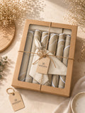 Luxury beige table set for 6 with handmade placemats, matching napkins, rope napkin rings and premium gift box by ArtByCrosa.
