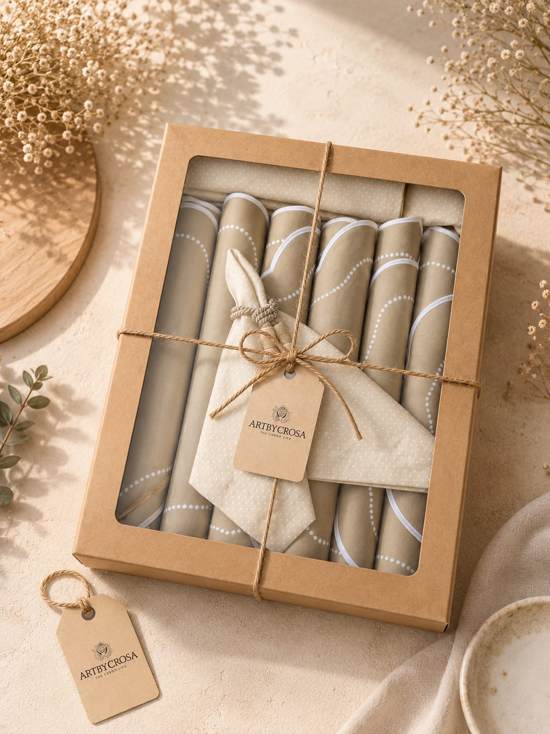 Luxury beige table set for 6 with handmade placemats, matching napkins, rope napkin rings and premium gift box by ArtByCrosa.