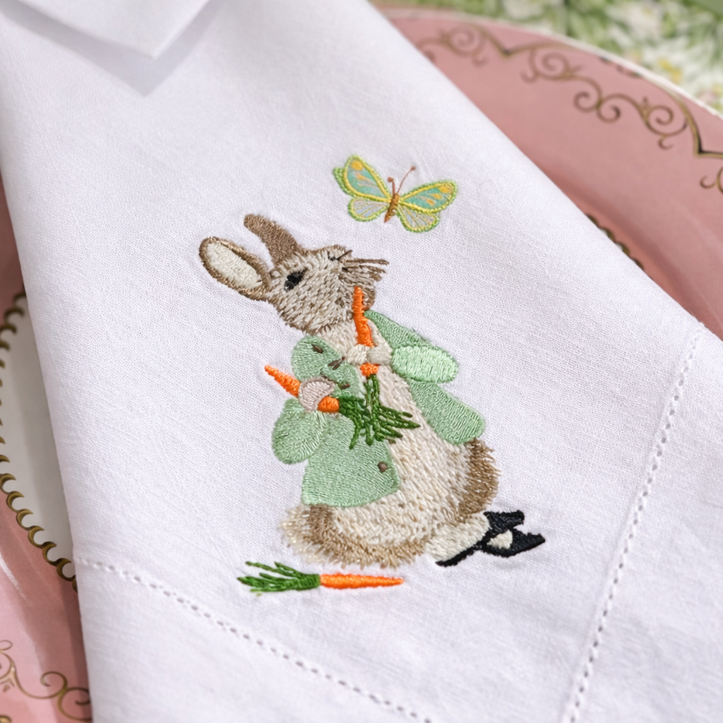 Easter Bunny Embroidered Napkin – Cotton & Linen Blend (45×45cm) | Spring Table Decor