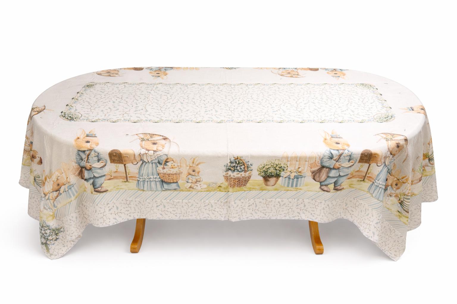 Easter Tablecloth – Spring Bunny Design | Table Linen in Light Pink, Soft Blue & Soft Green