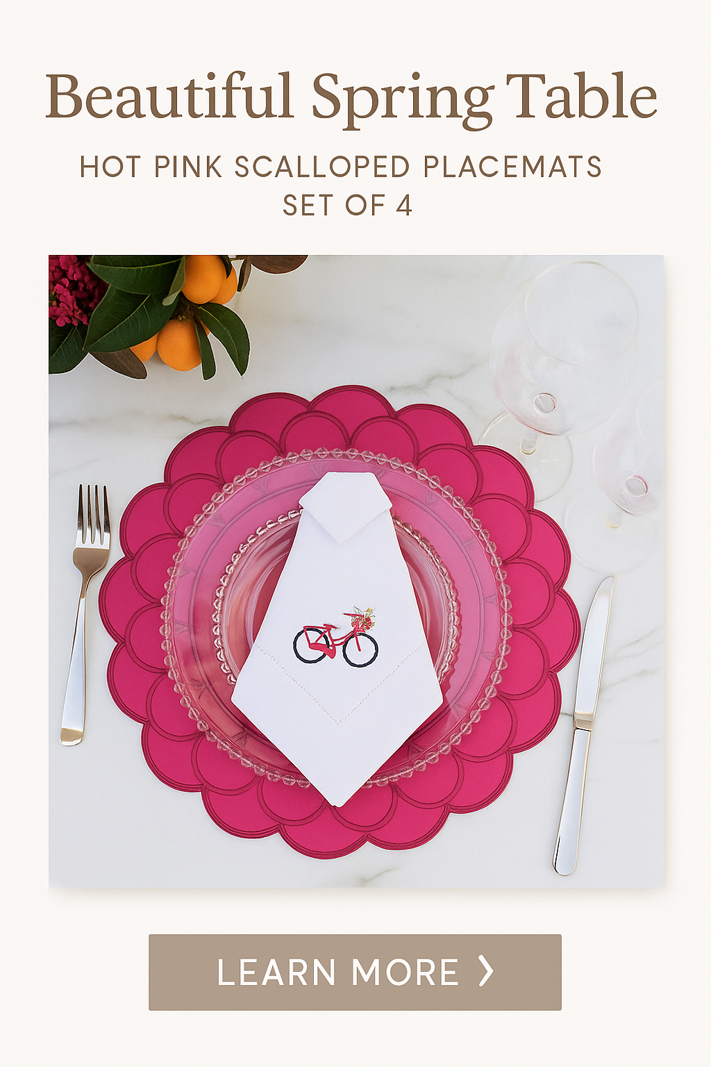 Hot Pink Scalloped Placemats – Set of 4 | Elegant Table Decor for Spring, Easter & Everyday Dining | Heat-Resistant, Easy-Care Table Mats