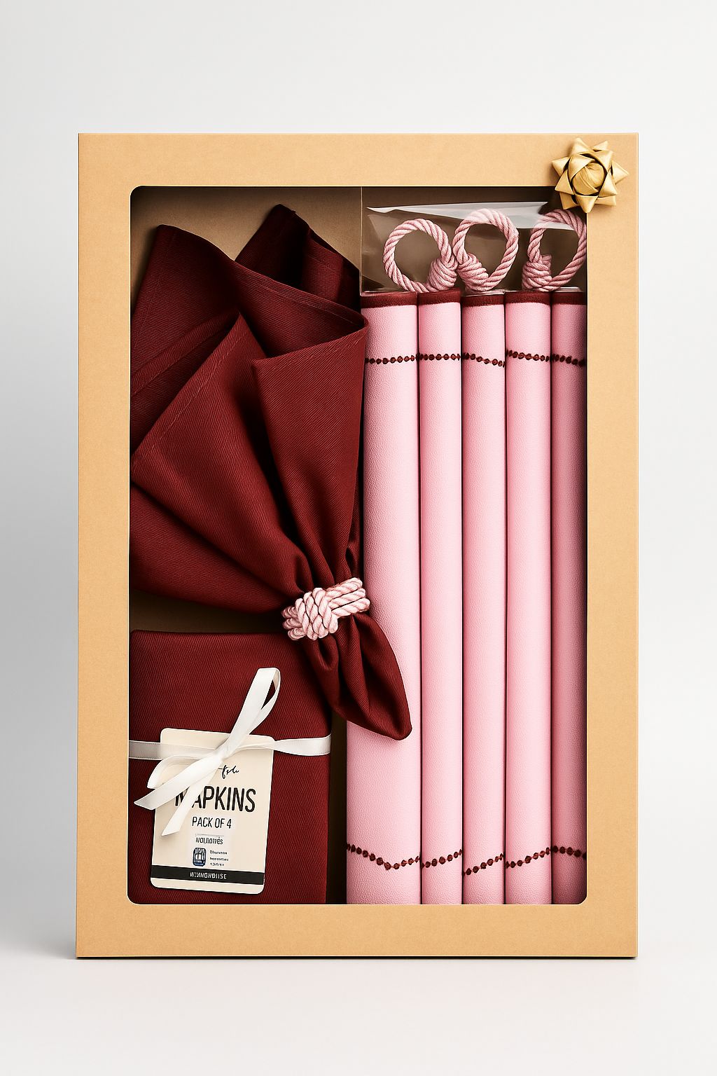 Round Table Mats Pink Dining Set Burgundy Napkins Collection Waterproof Heat Resistant Design Scalloped Edge Placemats Twisted Rope Napkin Rings Cotton Polyester Fabric Complete Table Accessory Kitchen Dining Protection Elegant Home Decor