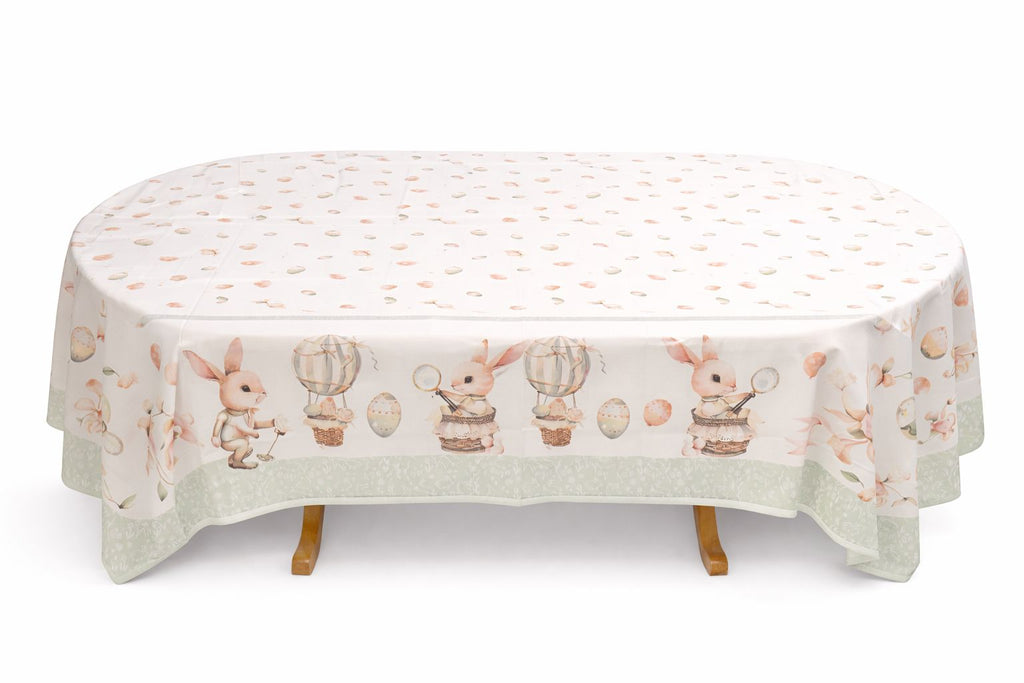 Easter Tablecloth – Spring Bunny Design | Table Linen in Light Pink, Soft Blue & Soft Green