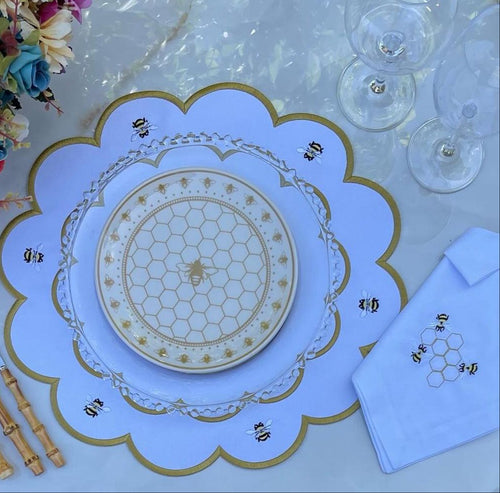 Bee Tableware Set – 6 Embroidered Placemats & 6 Linen Napkins | Luxury Dining Decor, Gold Bee Embroidery, Handmade Gift Set