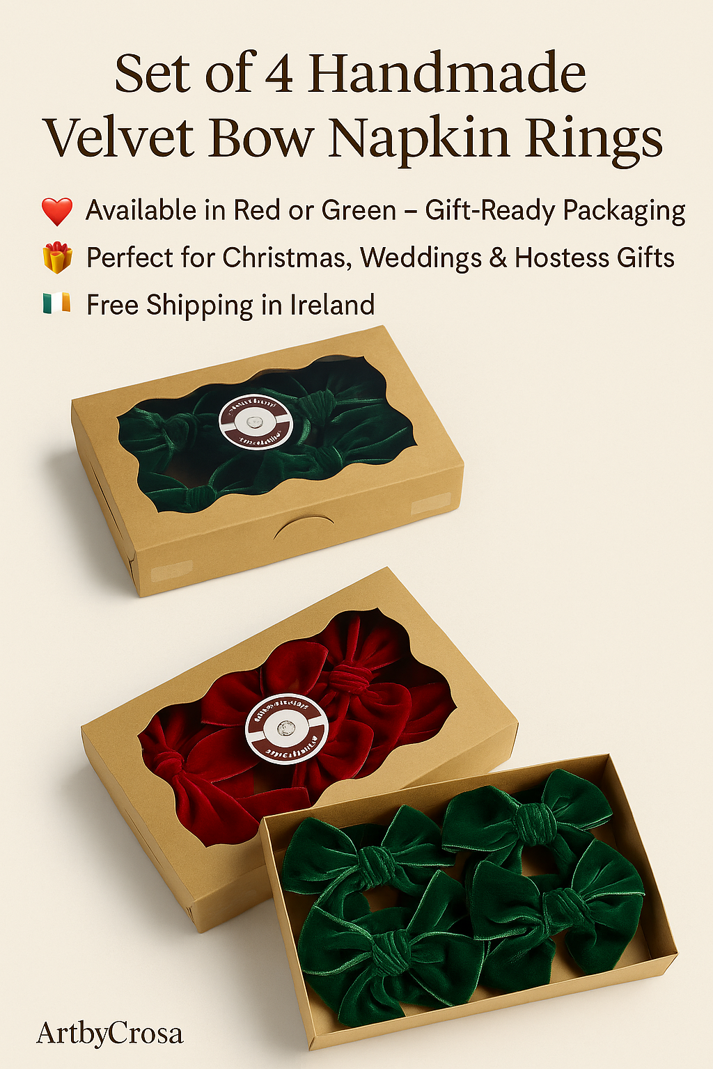 Velvet Bow Napkin Rings – Set of 4 | Holiday Table Décor, Wedding & Party Serviette Holders (Red or Green)