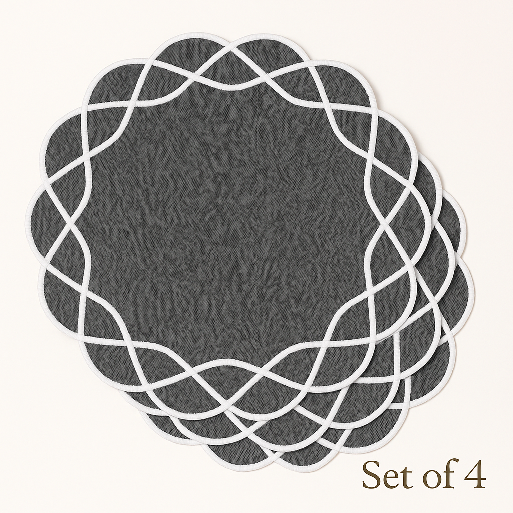 Elegant Charcoal Grey Placemats – Set of 4 | Embroidered Edge Table Mats | Handmade Table Décor for Dining, Christmas & Everyday Use