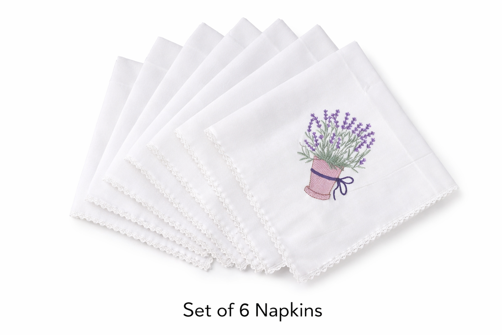 Lavender Embroidered Napkin Set (Set of 6) – 100% Cotton Table Linen | Elegant Dining Decor