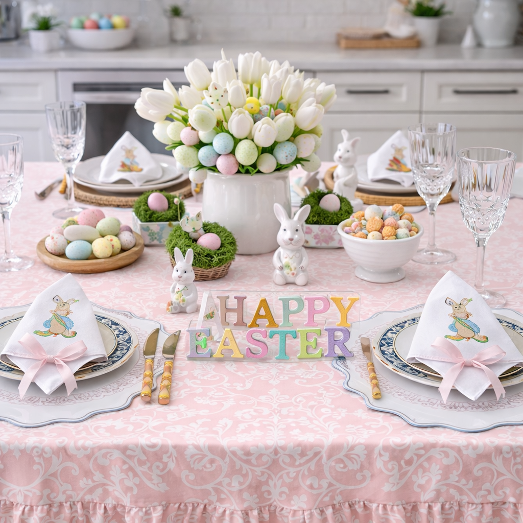 Elegant Ruffle Tablecloth – Light Blue & Light Pink | Decorative Table Linen 2.14x1.58cm