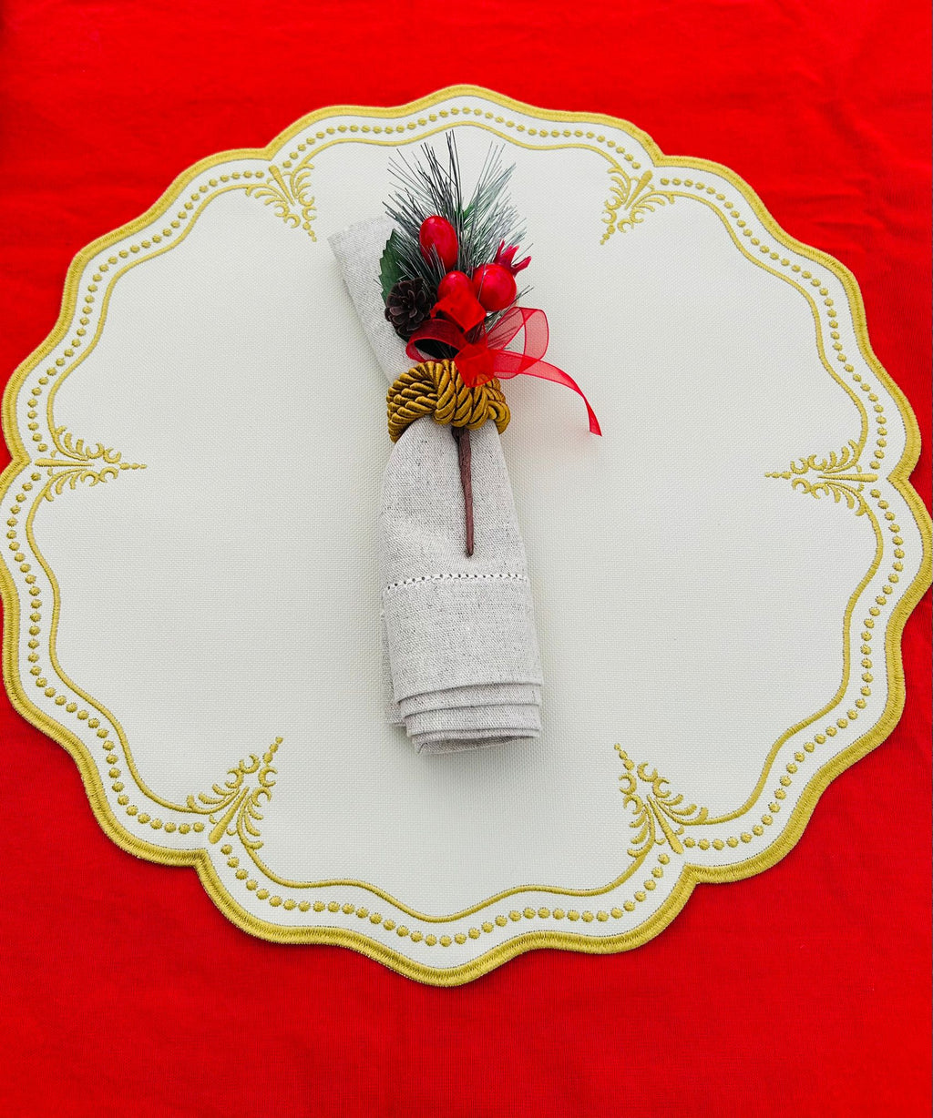 Gold Embroidered Christmas Placemat Set of 4 – Handmade Holiday Table Decor (Limited Stock)