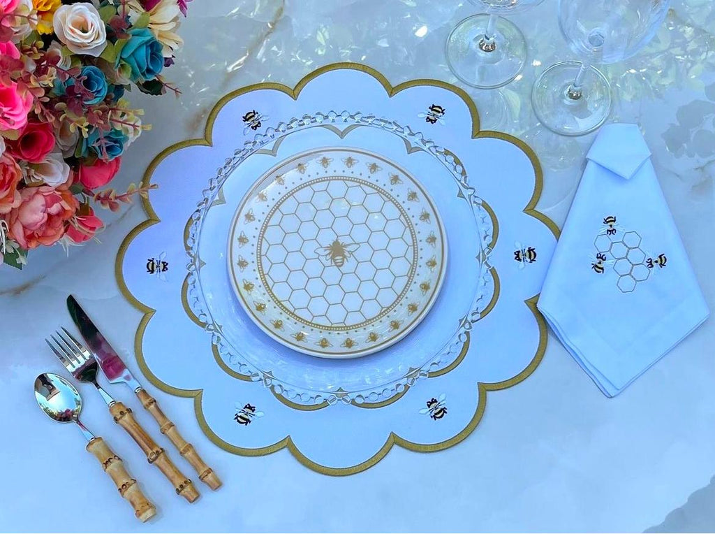 Bee Tableware Set – 6 Embroidered Placemats & 6 Linen Napkins | Luxury Dining Decor, Gold Bee Embroidery, Handmade Gift Set