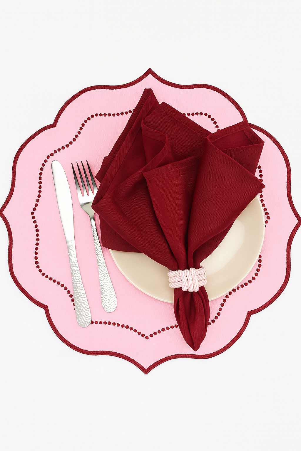 Pink Placemat Set Table Accessory Kitchen Dining Mat Collection Burgundy Napkin Holder Rope Twisted Design Round Heat Resistant Waterproof