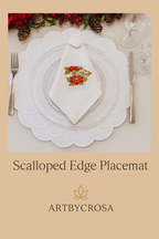White Embroidered Placemat Set of 4 – Elegant Scalloped Table Mats for Christmas & Everyday Dining | Handmade by ArtbyCrosa