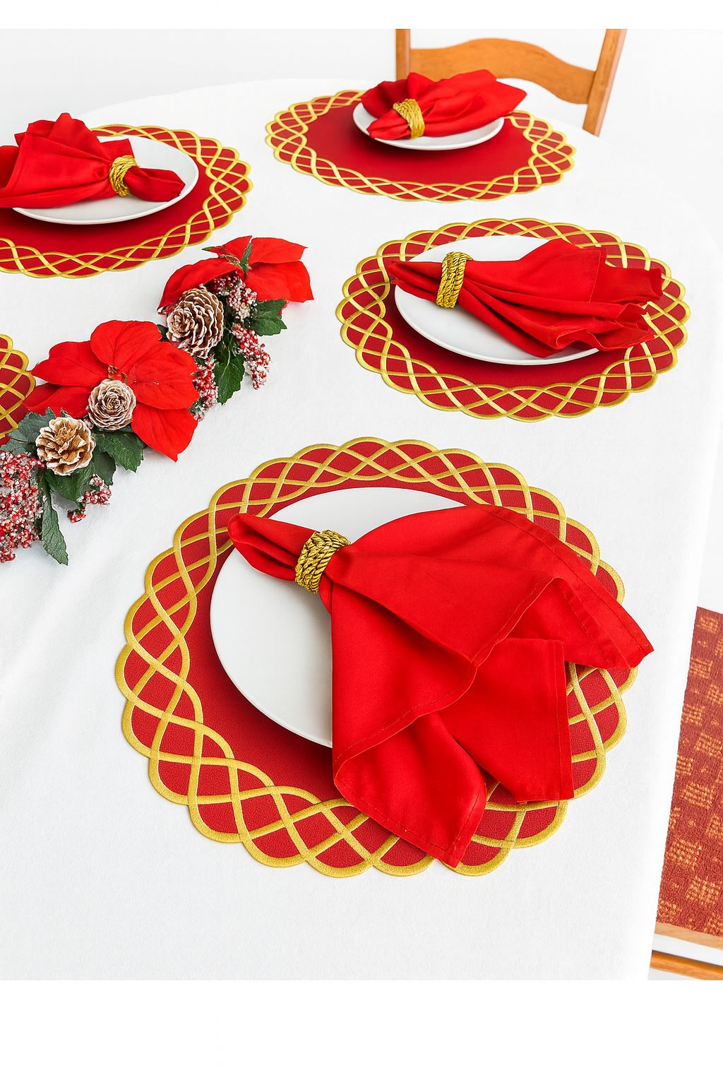 Luxury Christmas Table Setting Set – 6 Placemats + 6 Red Napkins + 6 Gold Napkin Rings | Elegant Holiday Tablescape | ArtbyCrosa