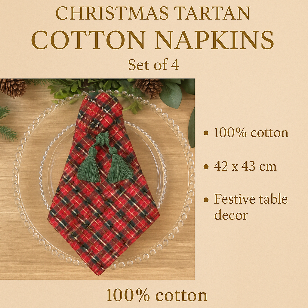 Christmas Tartan Cotton Napkins – Set of 4 | Festive Red Plaid Table Decor