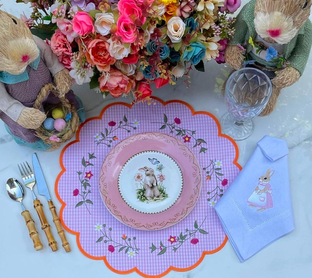 Floral Embroidered Pink Gingham Placemat Set – Handmade Table Decor, Gift for Mom or Housewarming Present set of 6